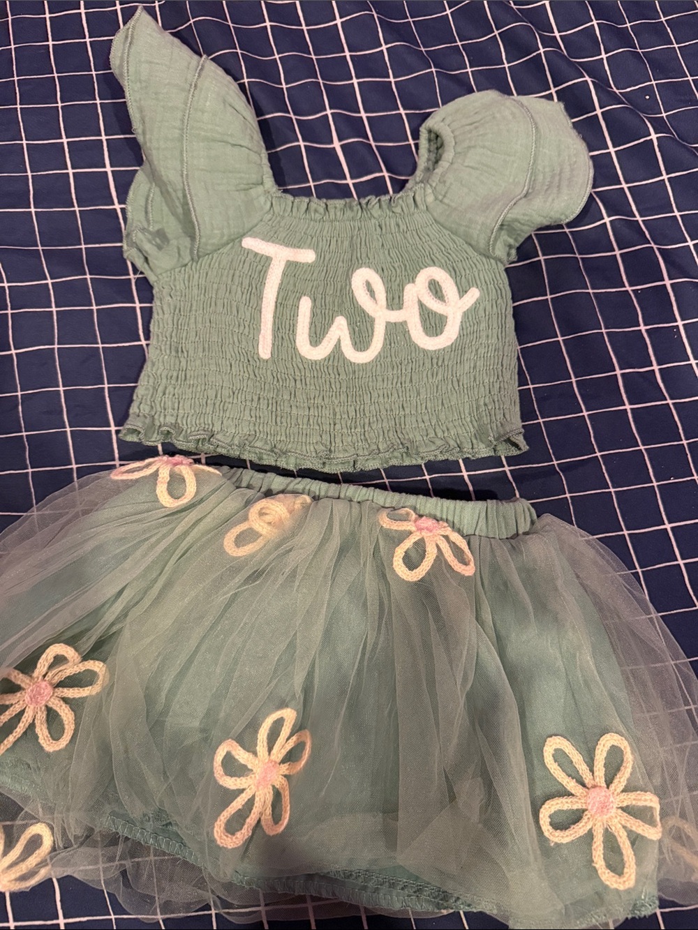 Mint Green Floral Tulle Two-Piece Kids Costume – 'Two' Smocked Top and Skirt